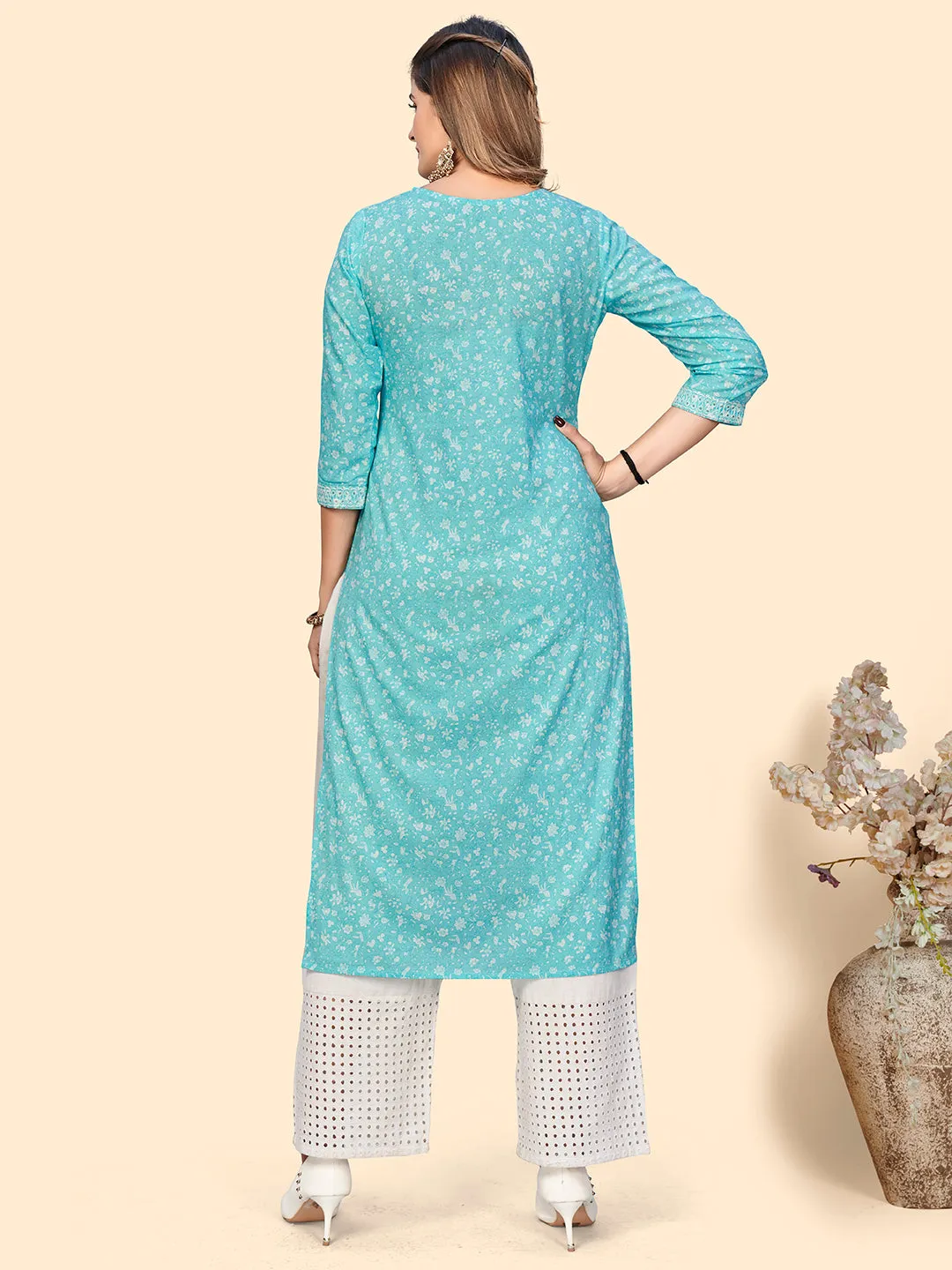 Women'S Print & Sequience Straight Cotton Sky Blue Stitched Kurta