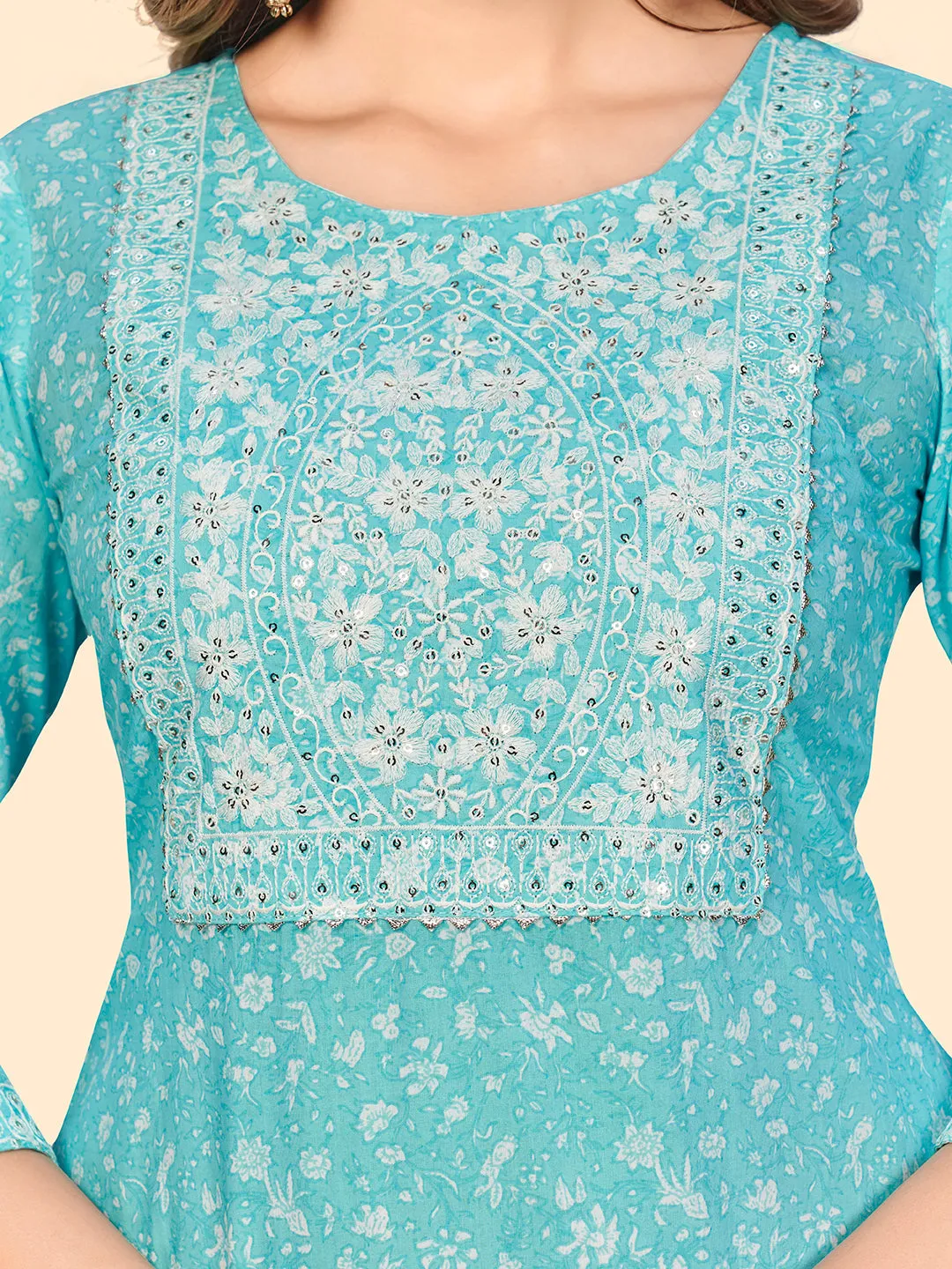 Women'S Print & Sequience Straight Cotton Sky Blue Stitched Kurta