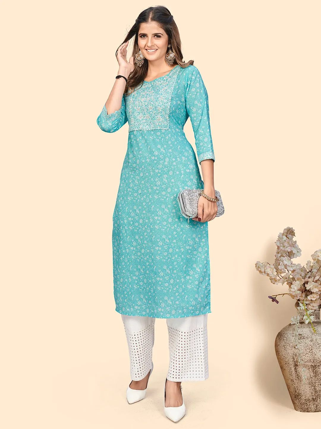 Women'S Print & Sequience Straight Cotton Sky Blue Stitched Kurta