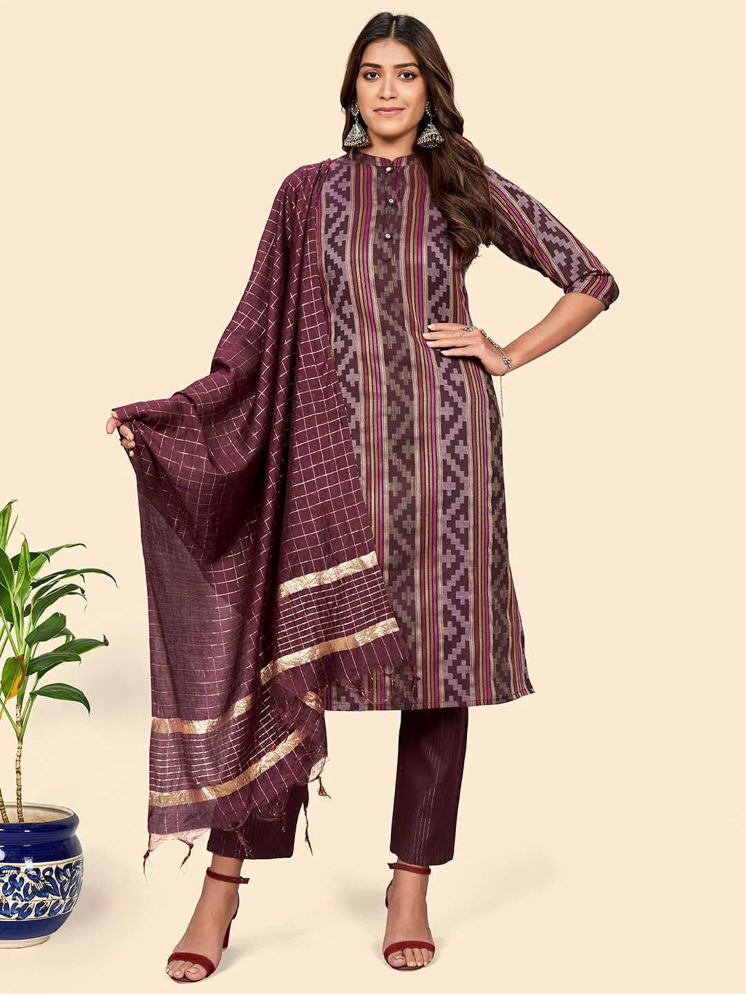 Women'S Print & Striped Straight Cotton Maroon Stitched Kurta Pant With Dupatta