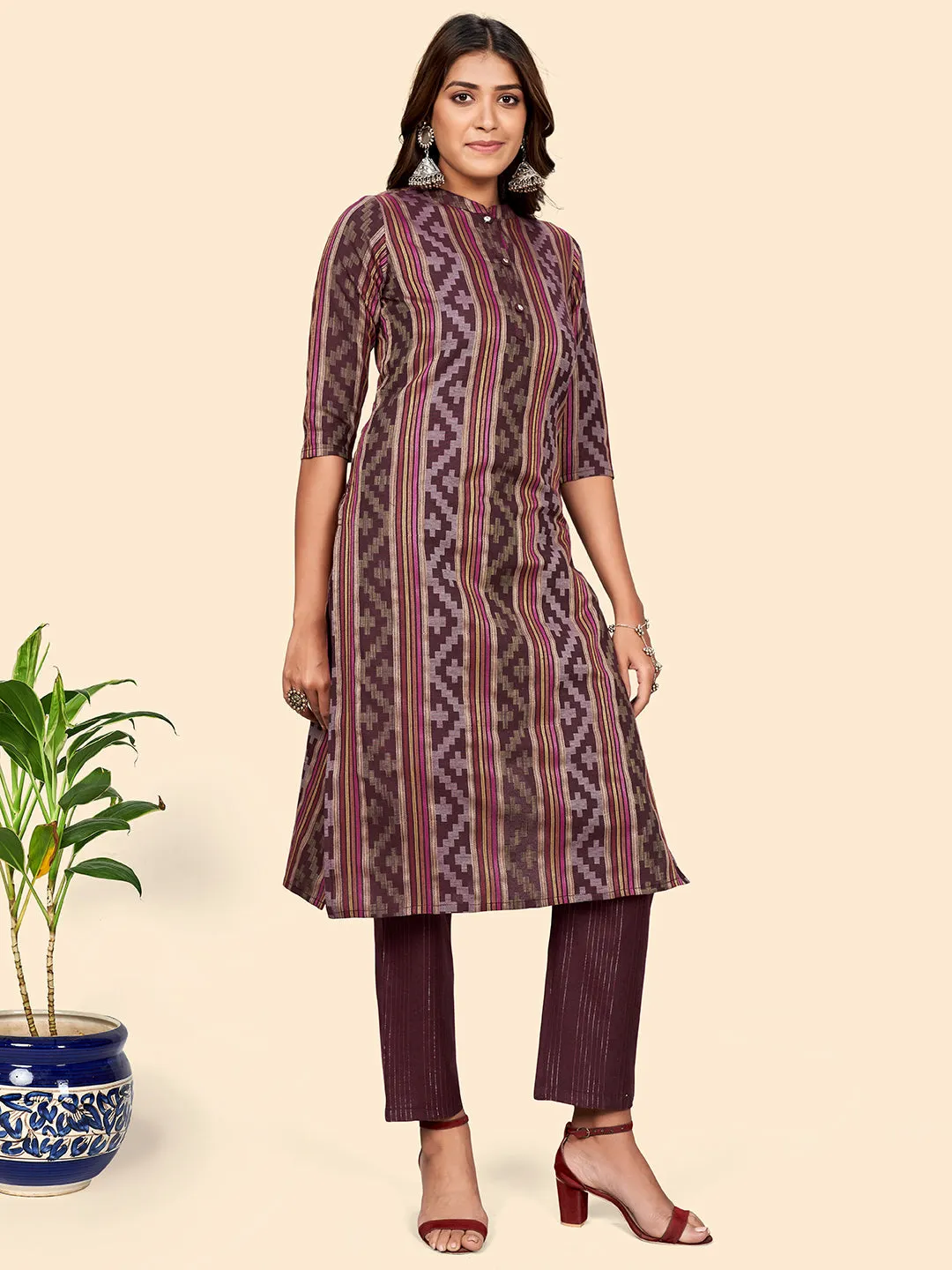 Women'S Print & Striped Straight Cotton Maroon Stitched Kurta Pant With Dupatta