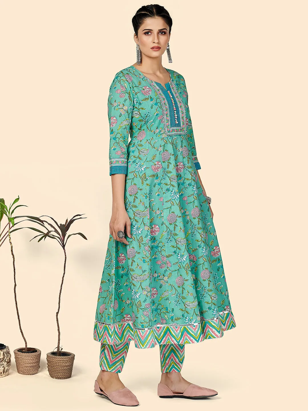 Women'S Printed & Embroidered Anarkali Cotton Turquoise Stitched Kurta Pant With Dupatta